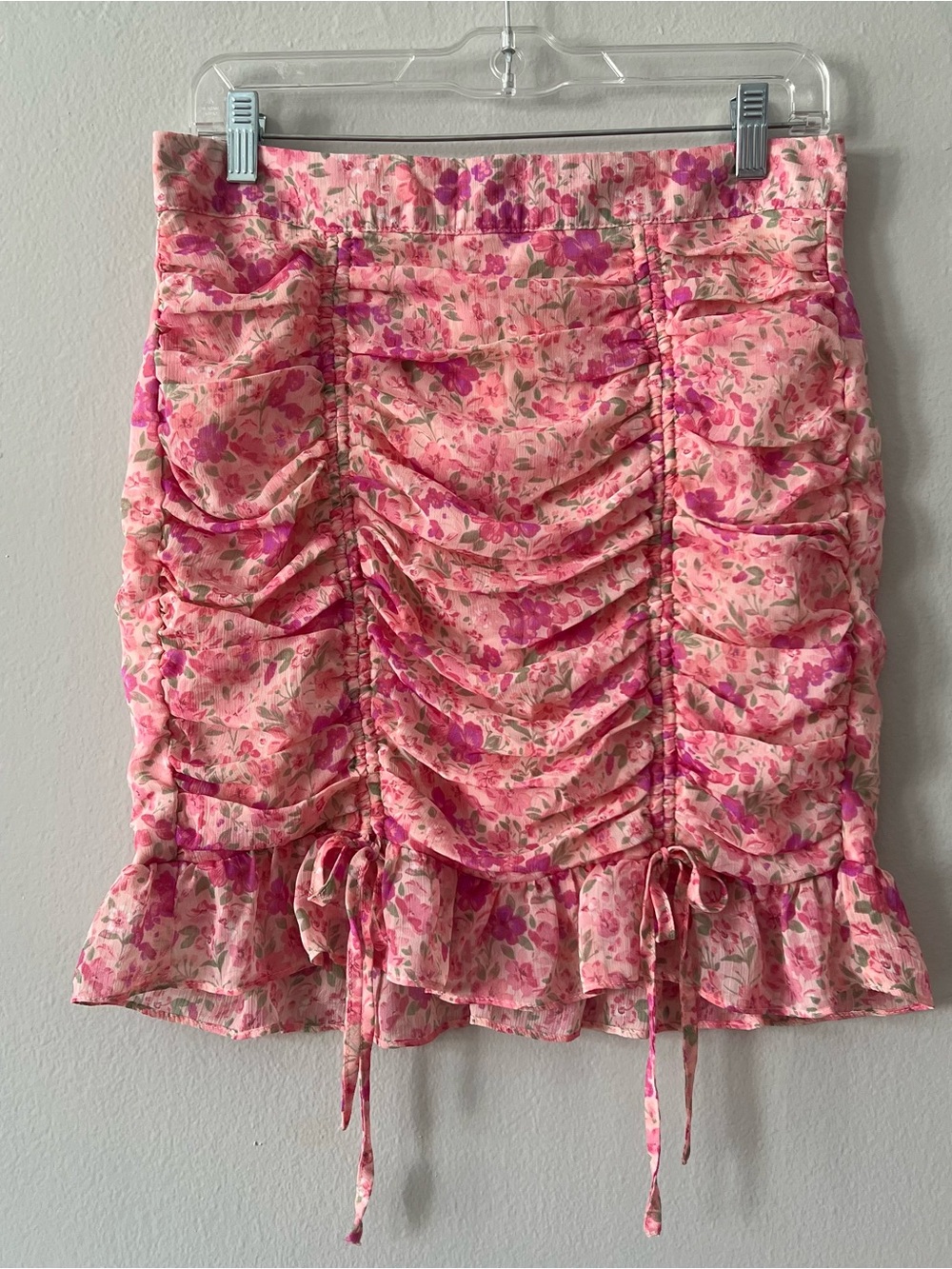 Coquette Pink Floral Ruched Ruffle Mini Skirt